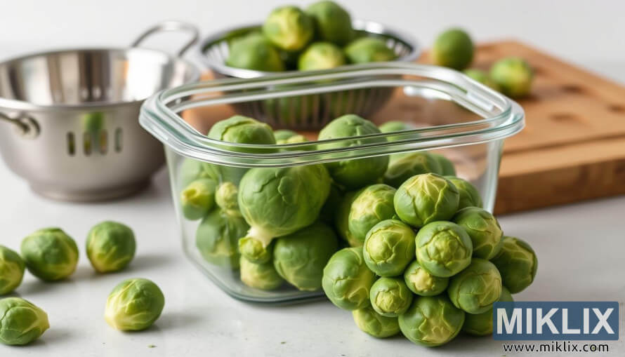 Prokulice pohranjene u staklenoj posudi s rastresitim klicama na dasci za rezanje. Prokulice pohranjene u staklenoj posudi s rastresitim klicama na dasci za rezanje.