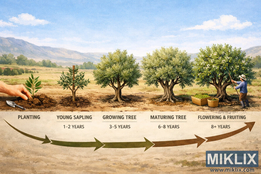 Landscape infographic showing the stages of olive tree growth from planting a seedling to harvesting olives, illustrated as a left-to-right timeline in a rural landscape. Landscape infographic showing the stages of olive tree growth from planting a seedling to harvesting olives, illustrated as a left-to-right timeline in a rural landscape.