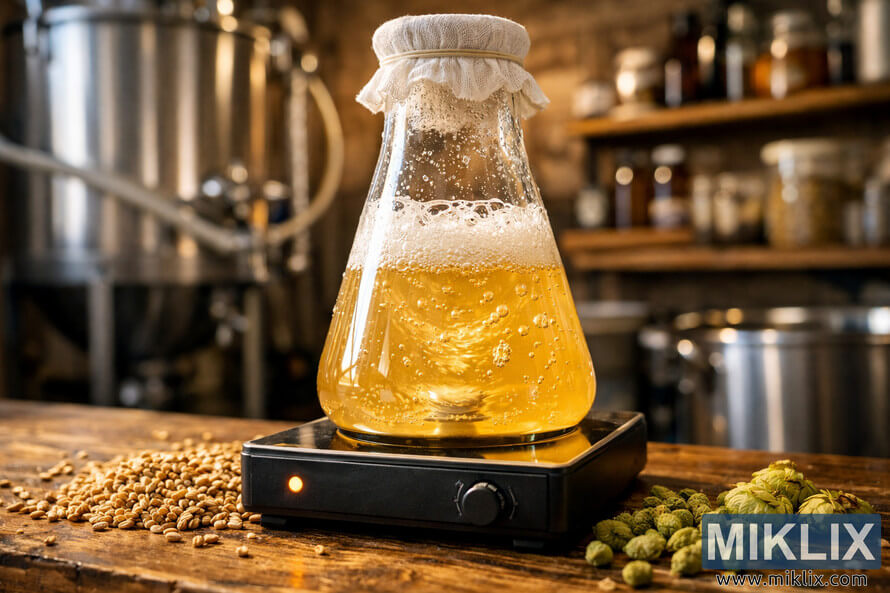 Close-up of a bubbling yeast starter in a glass flask on a stir plate, surrounded by grains and hops in a warmly lit home brewery.