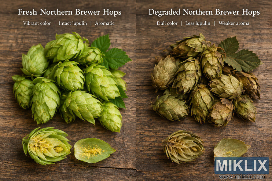 Side-by-side photographic comparison of fresh and degraded Northern Brewer hops on rustic wood. Fresh hops are vivid green and plump with abundant yellow lupulin visible inside a cut cone, while degraded hops are dull olive-brown, dry, papery, and show less lupulin.