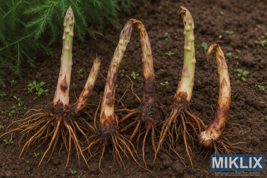 Izruvane rastline beluÅ¡ev, ki kaÅ¾ejo hude poÅ¡kodbe kroÅ¡nje in koreninske gnilobe zaradi fuzarije na gredici.