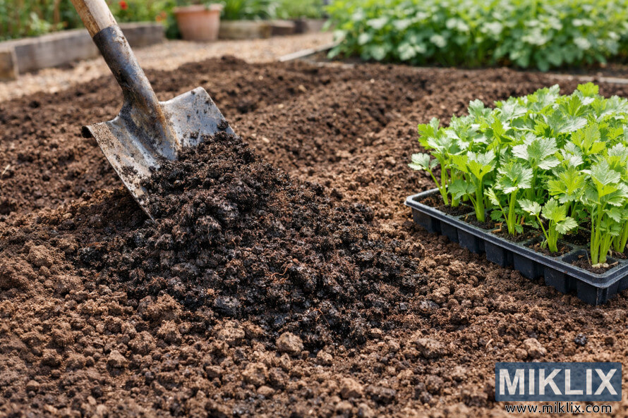 NÃ½plÃ¦gÃ° garÃ°mold meÃ° mold sem er blandaÃ° saman viÃ° meÃ° skÃ³flu, meÃ° grÃ¦num sellerÃ­plÃ¶ntum Ã­ bakka viÃ° beÃ°iÃ°.