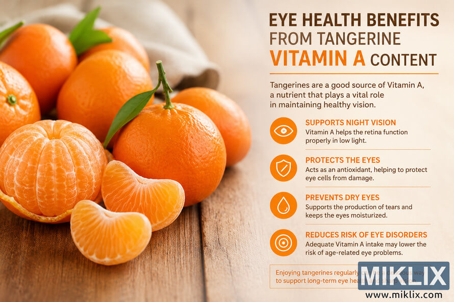 Landscape infographic showing fresh whole and peeled tangerines on a wooden table beside educational text explaining how vitamin A in tangerines supports eye health, including benefits for night vision, eye protection, tear production, and long-term visual wellness. Landscape infographic showing fresh whole and peeled tangerines on a wooden table beside educational text explaining how vitamin A in tangerines supports eye health, including benefits for night vision, eye protection, tear production, and long-term visual wellness.