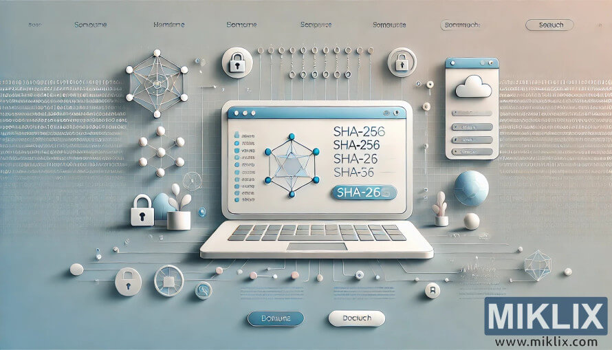 Laptop with SHA-256 hash text, padlocks, and cloud icons symbolizing online hash function calculators. Laptop with SHA-256 hash text, padlocks, and cloud icons symbolizing online hash function calculators.