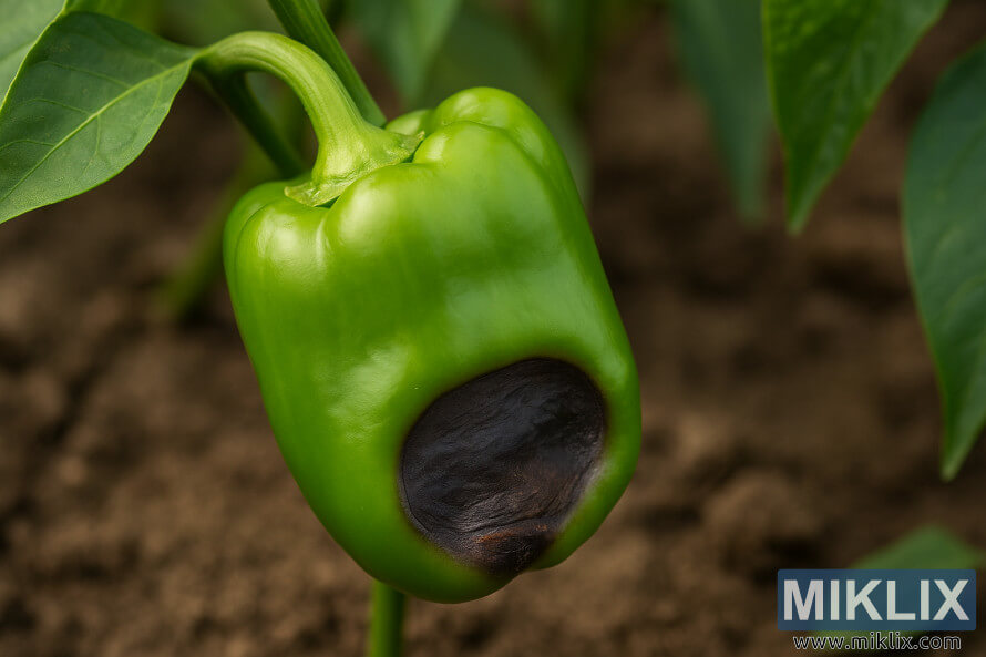 Green bell pepper with a dark sunken patch from blossom end rot at its bottom.