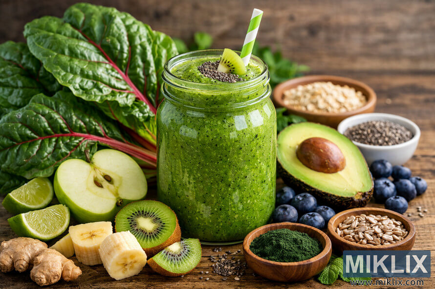A high-resolution landscape photo of a green smoothie in a clear glass jar surrounded by Swiss chard leaves, fruits, and healthy ingredients on a rustic wooden surface. A high-resolution landscape photo of a green smoothie in a clear glass jar surrounded by Swiss chard leaves, fruits, and healthy ingredients on a rustic wooden surface.