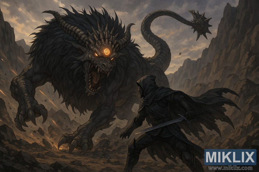 Szene im Anime-Stil: Ein Tarnished in Black Knife-RÃ¼stung konfrontiert ein ausgewachsenes Fallingstar-Biest inmitten der FelswÃ¤nde des Berges Gelmir.