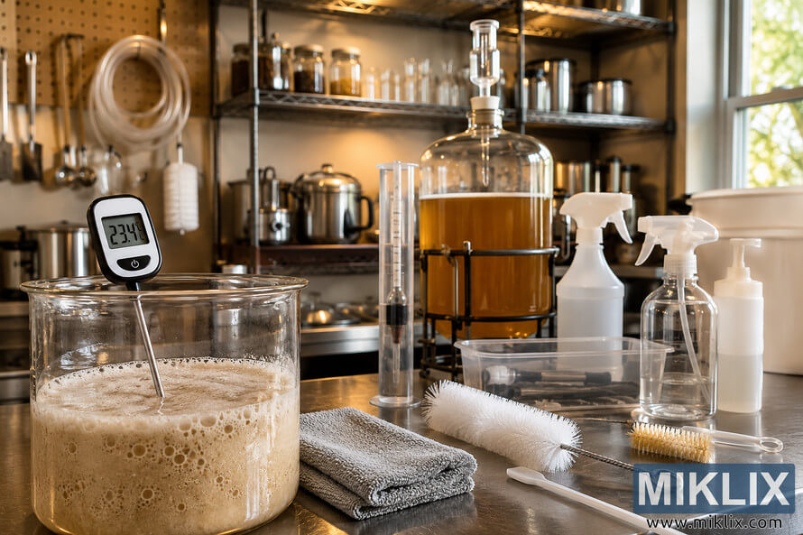 A clean and organized brewing workspace featuring a bubbling yeast starter with a digital thermometer in the foreground, surrounded by sanitized brewing equipment, spray bottles, brushes, and glassware under warm professional lighting. A clean and organized brewing workspace featuring a bubbling yeast starter with a digital thermometer in the foreground, surrounded by sanitized brewing equipment, spray bottles, brushes, and glassware under warm professional lighting.