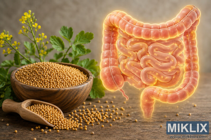 Landscape-oriented digestive health concept image featuring a rustic wooden bowl filled with mustard seeds, a wooden scoop spilling seeds across a wooden surface, green mustard plant leaves and yellow blossoms in the background, and a glowing semi-transparent human digestive system illustration showing intestines and colon on the right side. Landscape-oriented digestive health concept image featuring a rustic wooden bowl filled with mustard seeds, a wooden scoop spilling seeds across a wooden surface, green mustard plant leaves and yellow blossoms in the background, and a glowing semi-transparent human digestive system illustration showing intestines and colon on the right side.