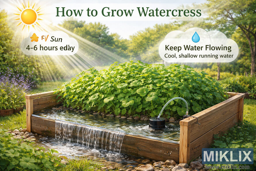 Outdoor watercress growing bed with shallow flowing water, sunlight, and infographic labels showing light and water needs.