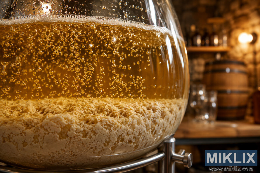 Close-up photograph of a transparent fermentation vessel showing creamy off-white yeast sediment at the bottom, golden fermenting liquid with rising bubbles, and a softly blurred rustic brewery background with wooden barrels and glassware under warm lighting. Close-up photograph of a transparent fermentation vessel showing creamy off-white yeast sediment at the bottom, golden fermenting liquid with rising bubbles, and a softly blurred rustic brewery background with wooden barrels and glassware under warm lighting.