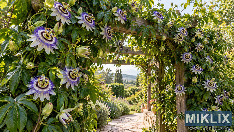 Rustic wooden garden arbor covered in lush green passionflower vines and purple-white blooms above a sunlit stone path. Rustic wooden garden arbor covered in lush green passionflower vines and purple-white blooms above a sunlit stone path.