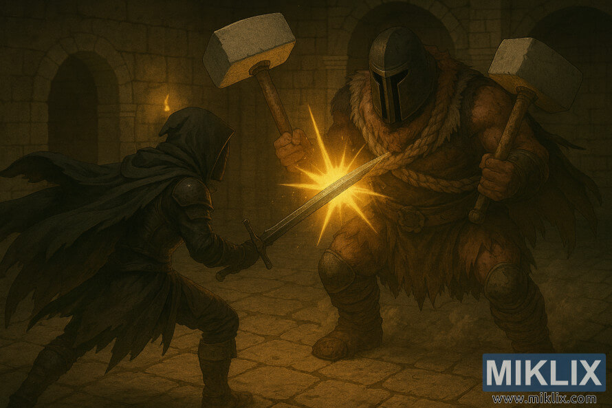 Semi-realistic battle scene of Tarnished fighting Grave Warden Duelist with dual hammers in Elden Ring