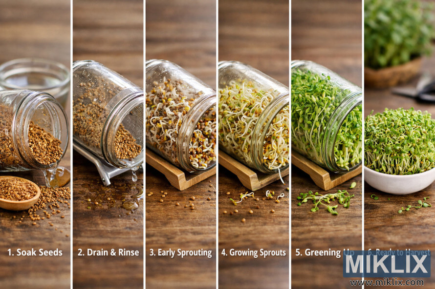 Image de paysage montrant les diffÃ©rentes Ã©tapes de la culture des pousses de luzerne Ã  partir de graines sÃ¨chesÂ : trempage, rinÃ§age, germination, verdissement et rÃ©colte.