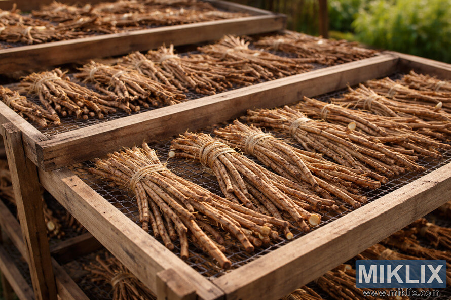 Bundles of licorice roots tied with twine drying on wooden racks in warm sunlight outdoors. Bundles of licorice roots tied with twine drying on wooden racks in warm sunlight outdoors.