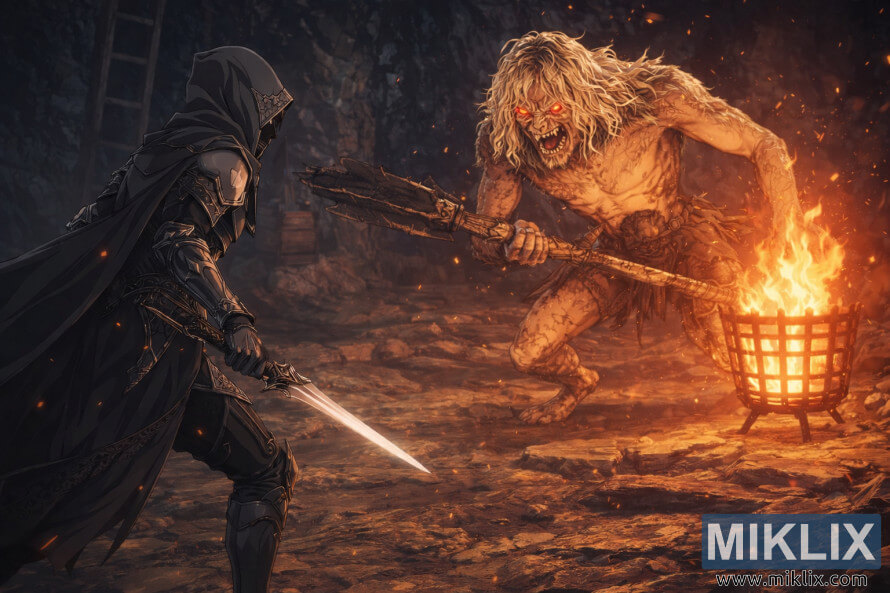 Anime stila Elden Ring fanu mÄksla, kurÄ attÄlots aptraipÄ«ts Melnais Nazis, kas ugunÄ«gÄ alÄ tieÅ¡i pirms kaujas stÄjas pretÄ« milzÄ«gam ZvÄ«Åainajam Misbegottenam.