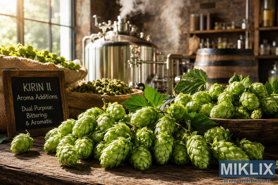 Fresh green Kirin II hop cones with dew arranged on a wooden table in a sunlit rustic brewery with brewing kettles, steam, barrels, and tools in the background. Fresh green Kirin II hop cones with dew arranged on a wooden table in a sunlit rustic brewery with brewing kettles, steam, barrels, and tools in the background.