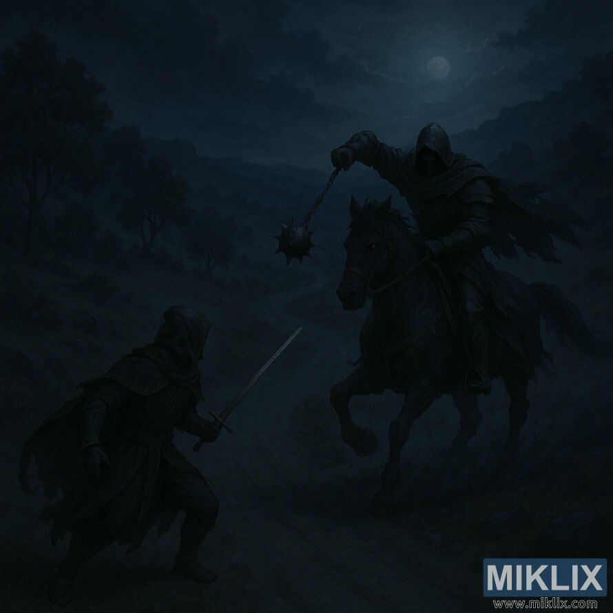 Nighttime scene of the Tarnished facing the Nightâs Cavalry on horseback with a flail on the Altus Highway in Elden Ring.