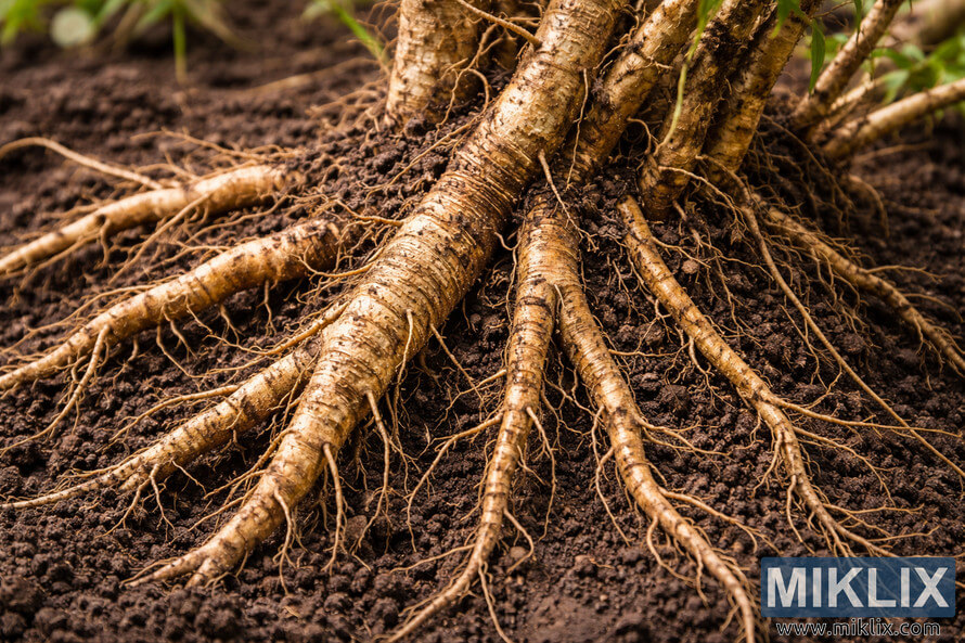 Close-up view of a licorice plant root system with thick brown woody roots spreading through dark soil. Close-up view of a licorice plant root system with thick brown woody roots spreading through dark soil.