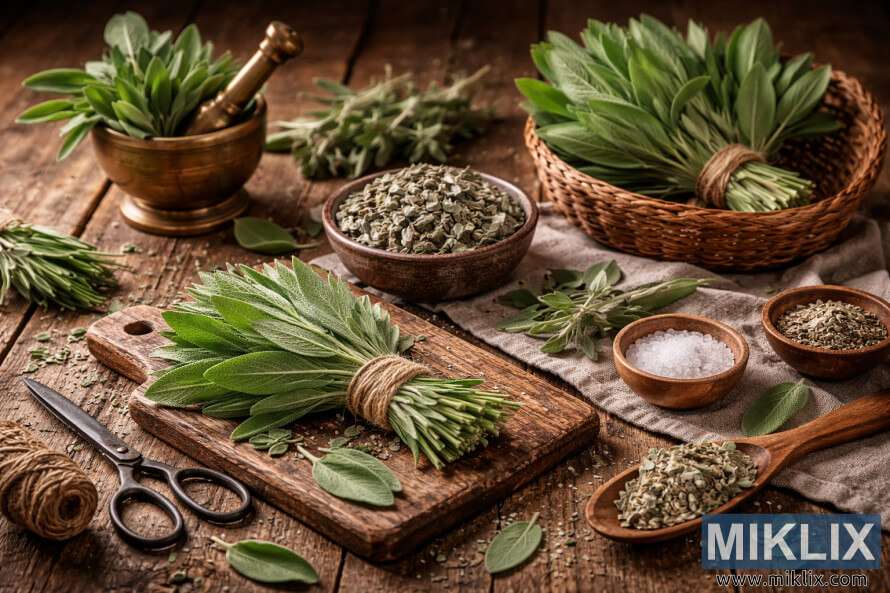 Sauge fraÃ®che et sÃ©chÃ©e exposÃ©e avec bols, mortier et pilon, et ciseaux anciens sur une table rustique en bois