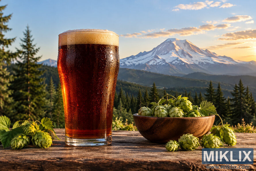 Landscape photograph of an unbranded pint of rich dark brown ale with a tan foam head and condensation, surrounded by fresh green hop cones on a rustic wooden table, with evergreen forest and a snow-covered Mount Rainier-like peak glowing in golden-hour light behind it. Landscape photograph of an unbranded pint of rich dark brown ale with a tan foam head and condensation, surrounded by fresh green hop cones on a rustic wooden table, with evergreen forest and a snow-covered Mount Rainier-like peak glowing in golden-hour light behind it.