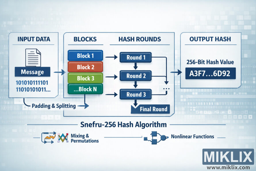 Hình ảnh minh họa quá trình băm Snefru-256 từ thông điệp đầu vào, qua các khối và nhiều vòng băm để đến giá trị đầu ra cuối cùng là 256 bit.
