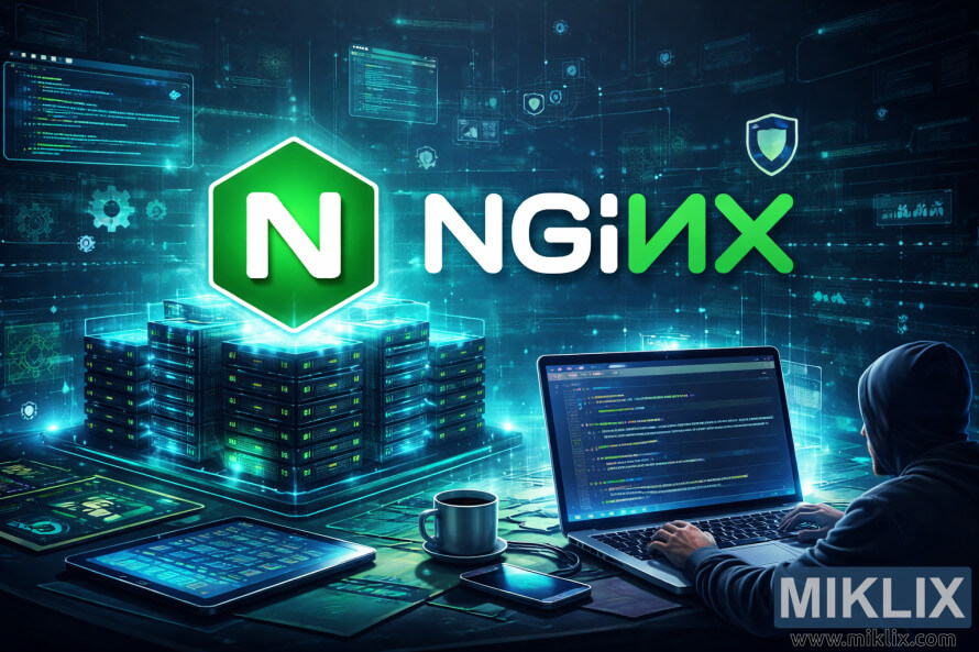 Illustration futuriste du logo NGINX au-dessus de baies de serveurs avec un développeur travaillant sur du code, représentant l'infrastructure web moderne et les guides techniques.
