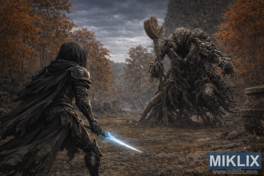 Fan art of Black Knife armor player facing Erdtree Avatar in South-West Liurnia, Elden Ring