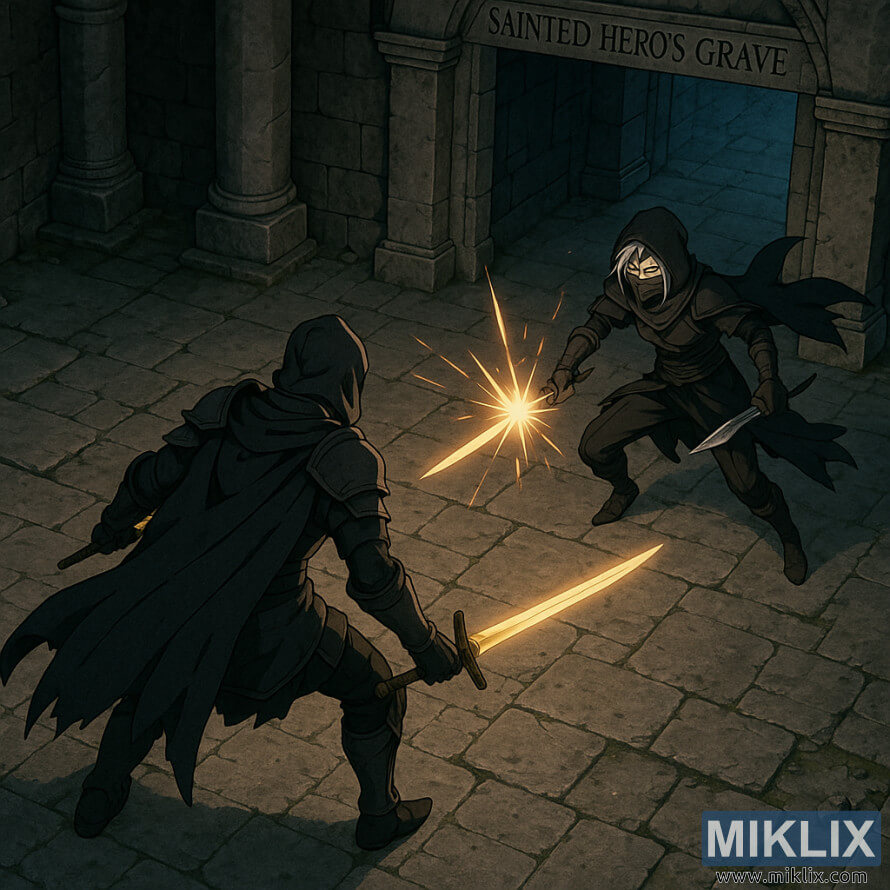 Isometric anime-style view of the Tarnished confronting the Black Knife Assassin at the Sainted Heroâs Grave entrance.