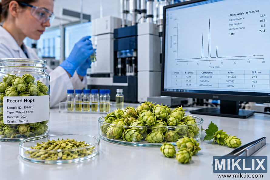 Scientist in a modern laboratory analyzing Record hop cones for alpha acid content using prepared sample vials and chromatography equipment, with an alpha-acid chromatogram displayed on a computer monitor. Scientist in a modern laboratory analyzing Record hop cones for alpha acid content using prepared sample vials and chromatography equipment, with an alpha-acid chromatogram displayed on a computer monitor.
