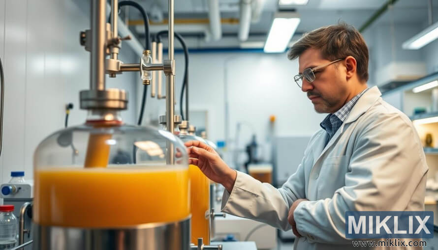 Tekniku studion enÃ«n e fermentimit nÃ« njÃ« laborator tÃ« ndritshÃ«m, duke zgjidhur problemet e procesit tÃ« majasÃ«.