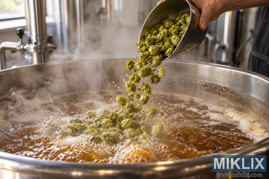 Close-up landscape photo of green hop cones being poured from a stainless-steel scoop into vigorously boiling amber wort in a large brewery kettle, with bubbles, foam, rising steam, and softly blurred stainless-steel brewing equipment in the background.
