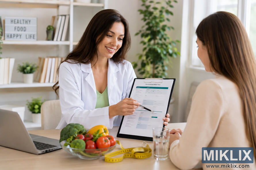 A professional nutrition consultant in a bright modern office showing a personalized meal plan to a client across a desk with fresh vegetables, a measuring tape, a laptop, and wellness decor in the background.