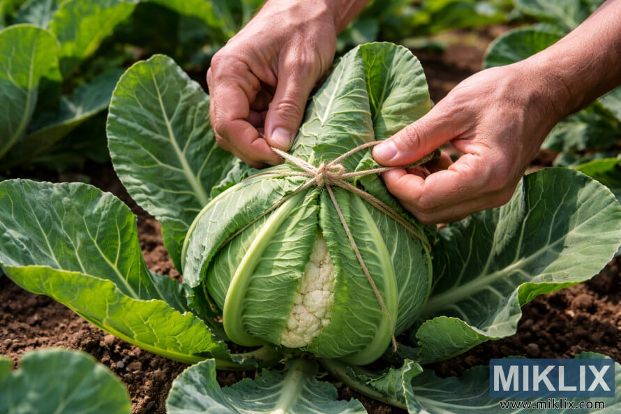 Hannun mai lambu yana Éaure ganyen farin kabeji a kan farin curd da ke tasowa don nuna launin ruwan kasa a kan gadon lambu.