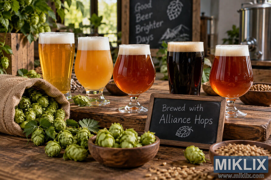 Five homebrewed beers ranging from golden and hazy to amber and dark are displayed on a rustic wooden table with fresh green hops, brewing grains, equipment, and a chalkboard reading “Brewed with Alliance Hops.” Five homebrewed beers ranging from golden and hazy to amber and dark are displayed on a rustic wooden table with fresh green hops, brewing grains, equipment, and a chalkboard reading “Brewed with Alliance Hops.”