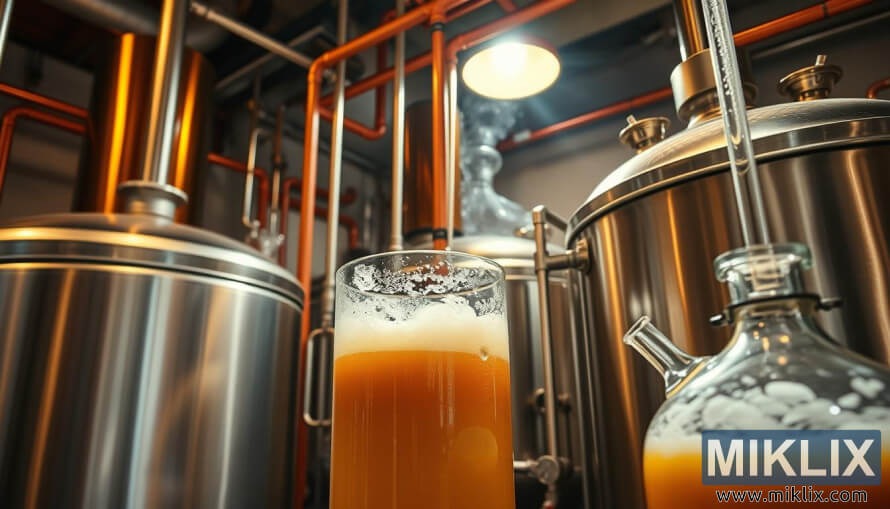 Fermenteringstanker og carboys som viser aktiv ølgjæring med boblende skum og SafAle S-04 gjær. Fermenteringstanker og carboys som viser aktiv ølgjæring med boblende skum og SafAle S-04 gjær.