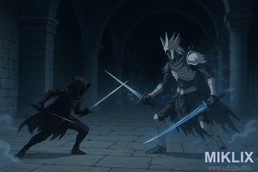 Toma panorÃ¡mica estilo anime de un asesino del Cuchillo Negro luchando contra el HÃ©roe Antiguo de Zamor dentro de una enorme cripta de piedra.