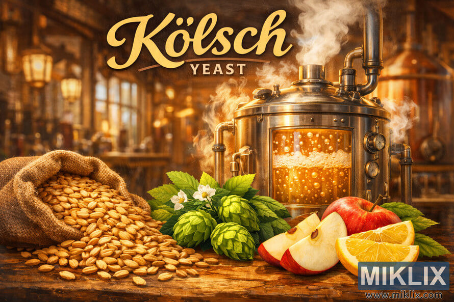 Artistic illustration of KÃ¶lsch yeast flavor profile with pale malt, hops, apple and lemon slices in front of a glowing fermentation tank inside a traditional German brewery.