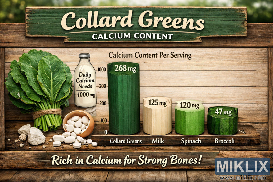 An educational infographic comparing calcium content in collard greens, milk, spinach, and broccoli, displayed on a rustic wooden table with collard greens in the background.