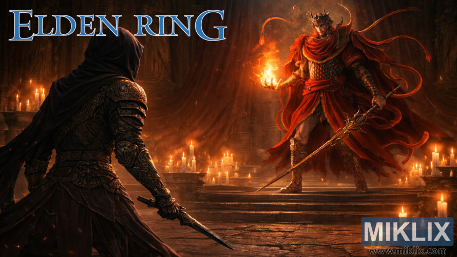 Fan art showing the Tarnished in Black Knife armor confronting Messmer the Impaler holding a flame inside the candlelit Shadow Keep