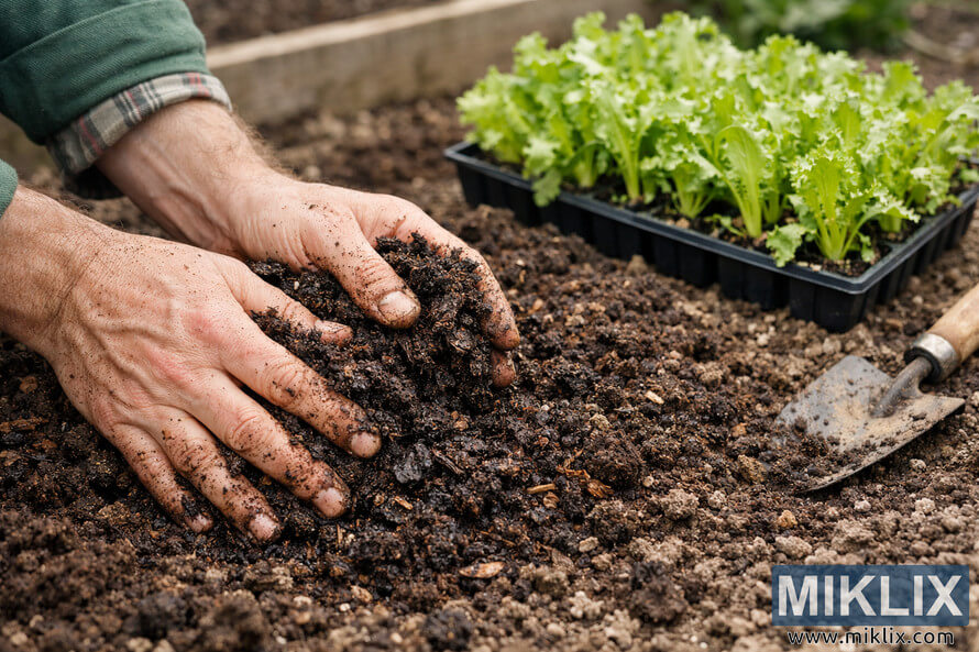 Close-up of hands mixing dark compost into garden soil with endive seedlings and a hand trowel nearby in a raised bed.