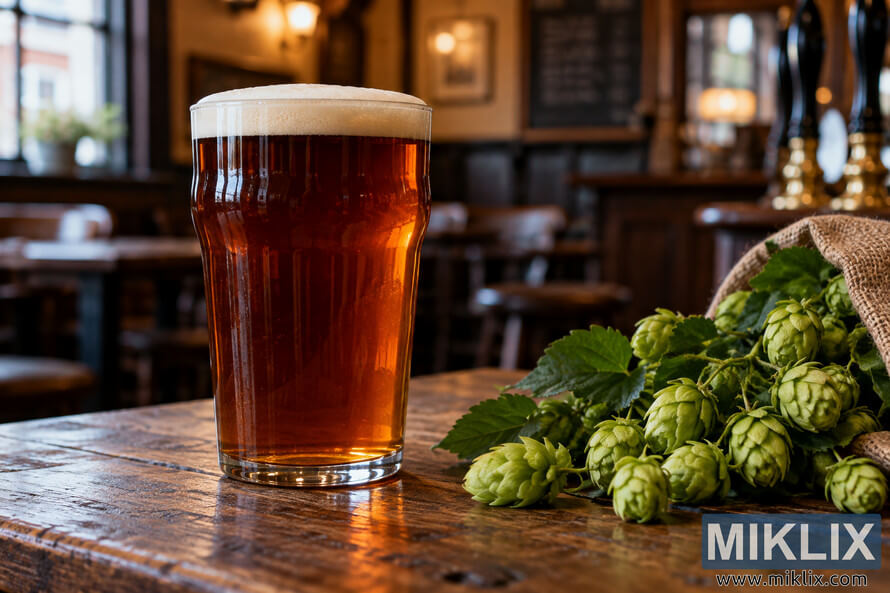 A pint of amber English bitter beer with a creamy white head stands on a rustic wooden pub table beside a pile of fresh green hop cones and leaves, with a warmly lit traditional English pub interior softly blurred in the background. A pint of amber English bitter beer with a creamy white head stands on a rustic wooden pub table beside a pile of fresh green hop cones and leaves, with a warmly lit traditional English pub interior softly blurred in the background.