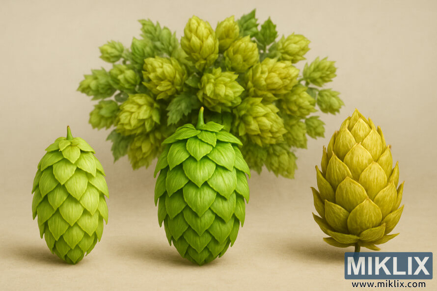 DetailnÃ½ zÃ¡ber na vystavenÃ© chmeÄ¾ovÃ© Å¡iÅ¡ky Cascade, Centennial a Chinook.