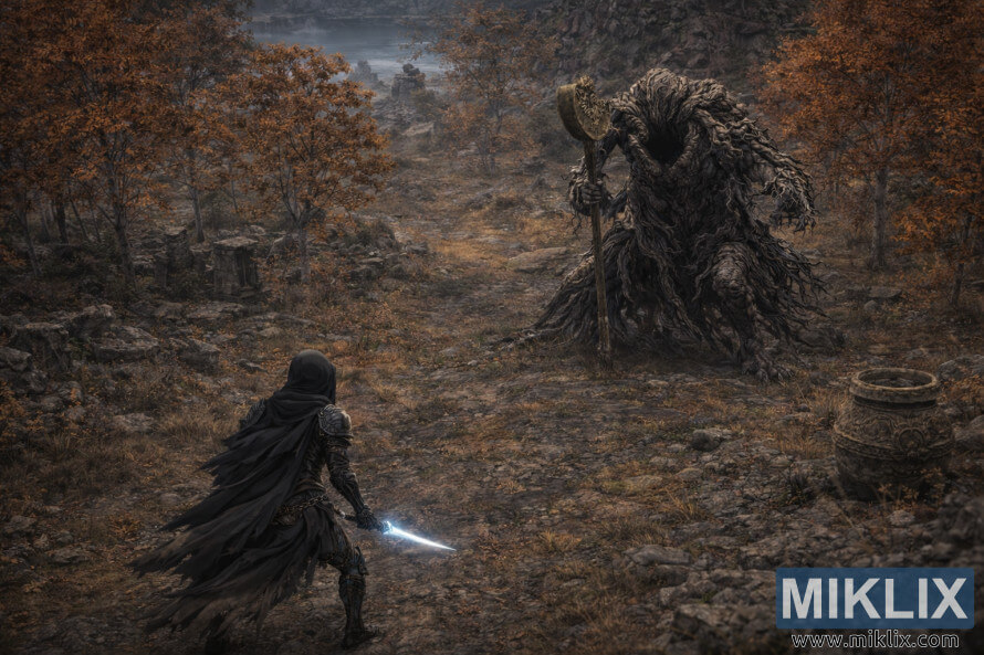 Fan art of Black Knife armor warrior facing Erdtree Avatar in South-West Liurnia, Elden Ring