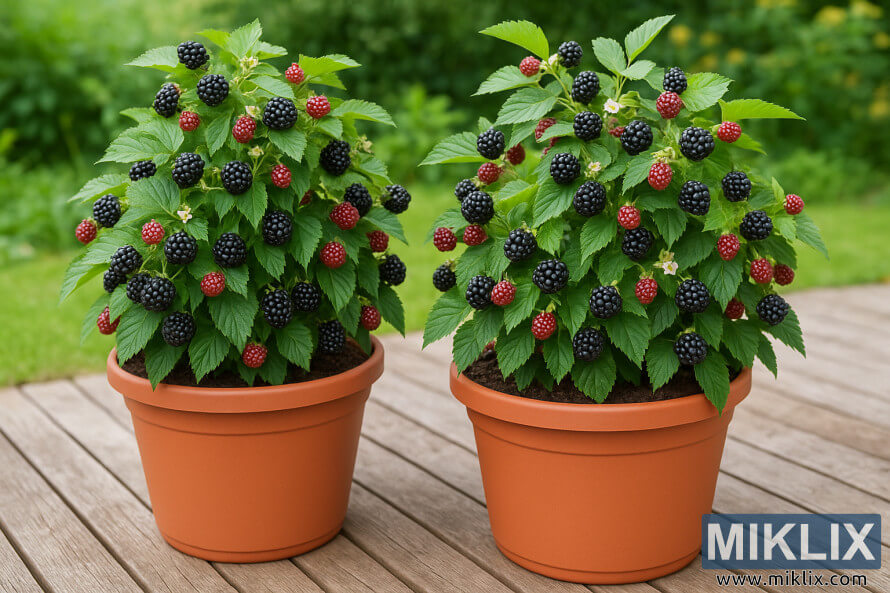 Deux ronces compactes, cultivÃ©es dans des pots en terre cuite sur une terrasse en bois, croulent sous les fruits mÃ»rs et verts, baignÃ©es d'une douce lumiÃ¨re solaire.