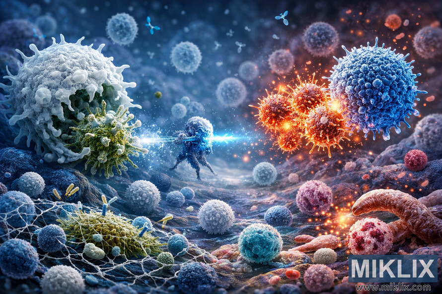 Digital illustration showing white blood cells attacking viruses and bacteria in a microscopic immune response scene. Digital illustration showing white blood cells attacking viruses and bacteria in a microscopic immune response scene.