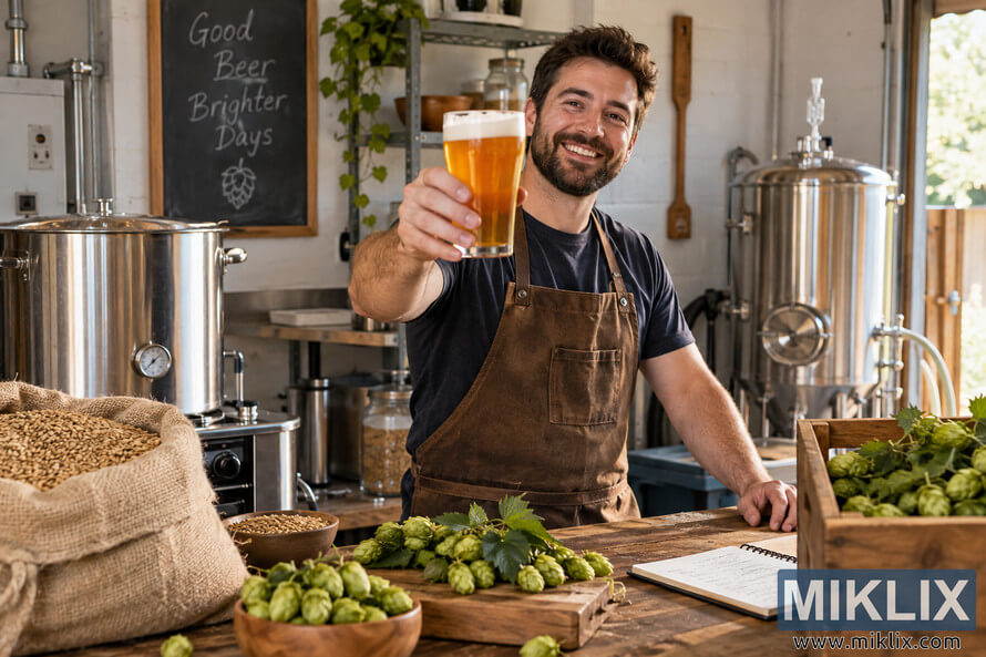 Smiling homebrewer in a brown apron raises a glass of golden fresh hop beer while standing behind a wooden workbench covered with green hops and brewing grain, surrounded by stainless-steel homebrewing equipment. Smiling homebrewer in a brown apron raises a glass of golden fresh hop beer while standing behind a wooden workbench covered with green hops and brewing grain, surrounded by stainless-steel homebrewing equipment.
