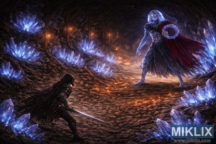 Arte isomÃ©trica em estilo de fantasia sombria, representando Elden Ring, mostrando o Tarnished com uma espada encarando um imponente chefe Crystaliano dentro do TÃºnel de Cristal Raya Lucaria, repleto de cristais.