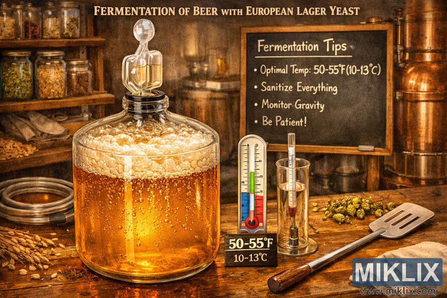 Scientific illustration of beer fermentation using European lager yeast, showing a glass fermenter with bubbling golden beer, thermometer at 50â55°F, hydrometer, and brewery background. Scientific illustration of beer fermentation using European lager yeast, showing a glass fermenter with bubbling golden beer, thermometer at 50â55°F, hydrometer, and brewery background.