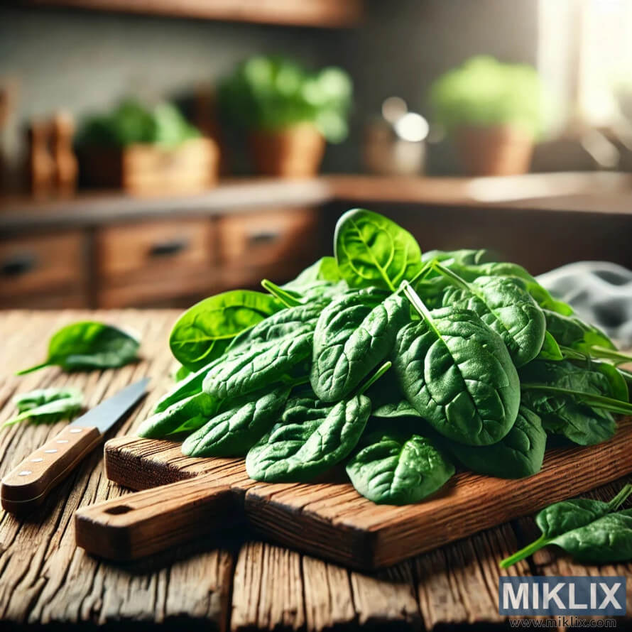 Fresh spinach leaves on a rustic cutting board with a knife. Fresh spinach leaves on a rustic cutting board with a knife.